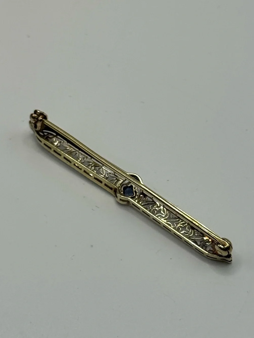 Vintage Platinum & 14k Gold Sapphire Art Deco Stick Pin Brooch - Picture 7 of 12